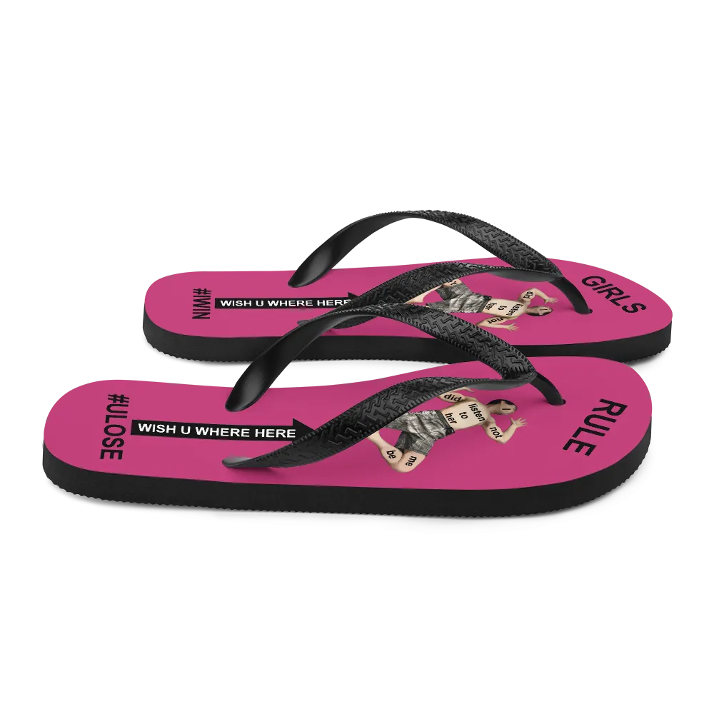 GIRLS RULE flip flops with CRUSHED TINY MAN underfoot magenta fabric NEW (2020-05-10)