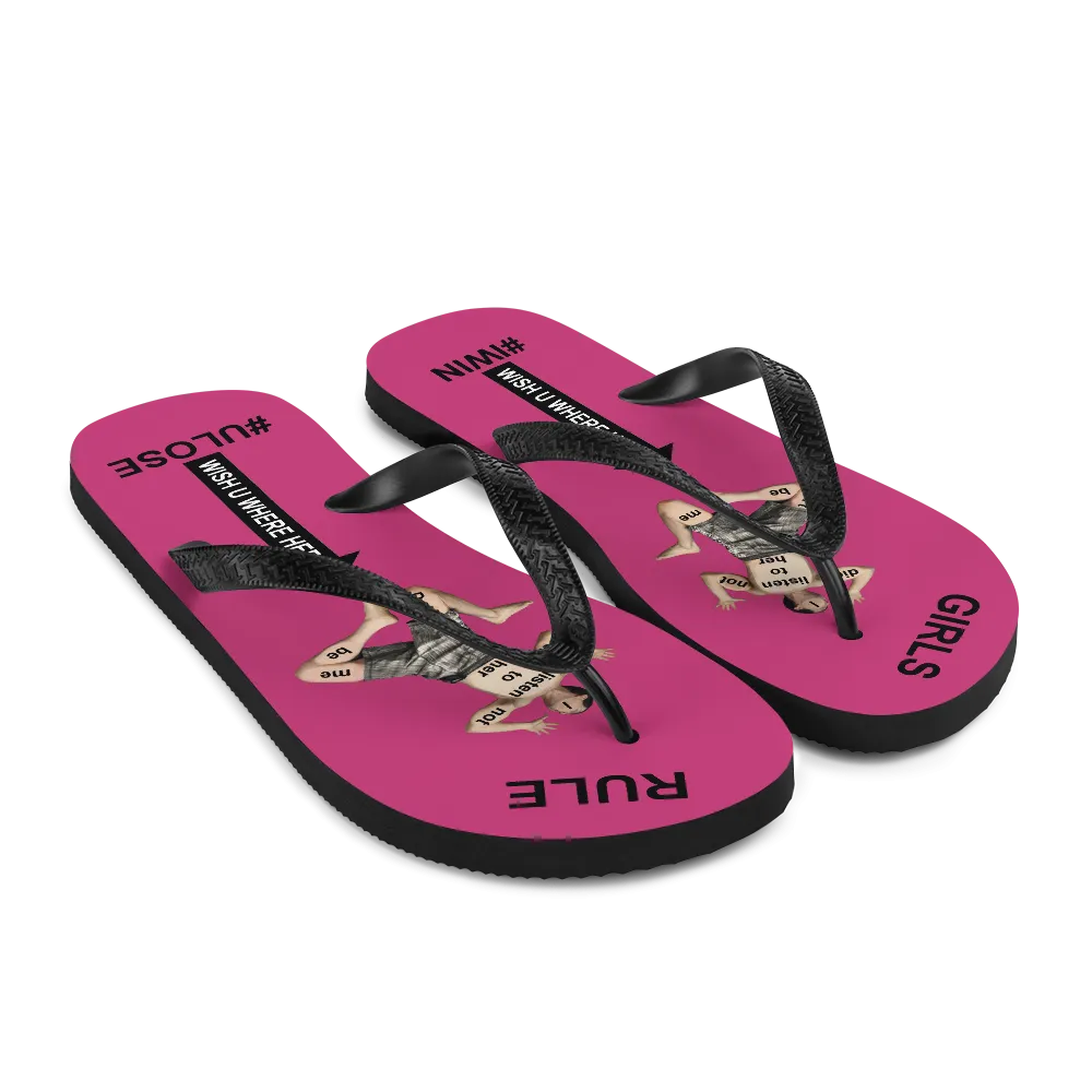 GIRLS RULE flip flops with CRUSHED TINY MAN underfoot magenta fabric NEW (2020-05-10)