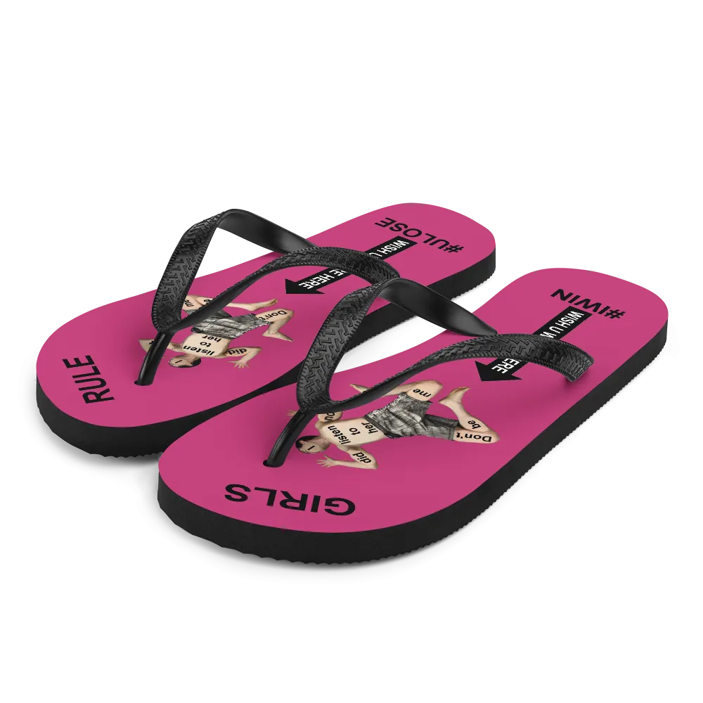 GIRLS RULE flip flops with CRUSHED TINY MAN underfoot magenta fabric NEW (2020-05-10)