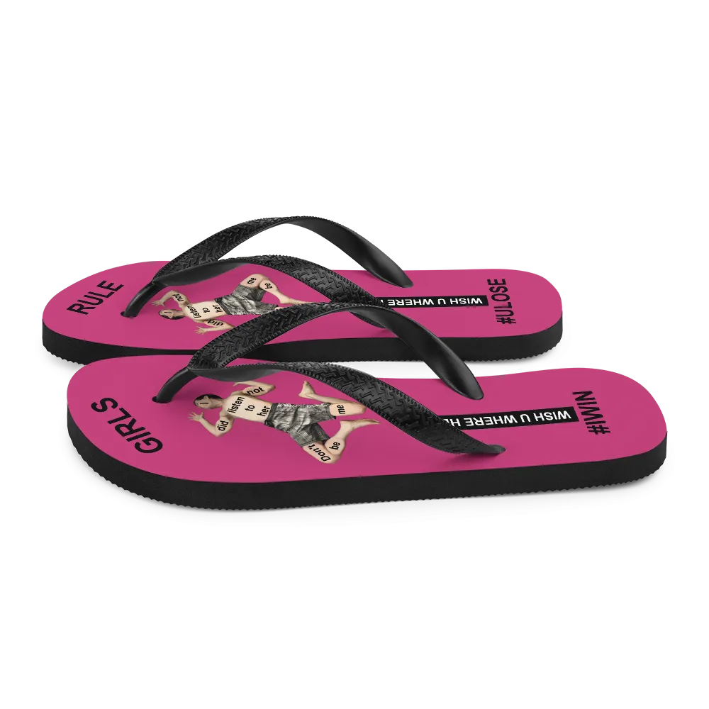 GIRLS RULE flip flops with CRUSHED TINY MAN underfoot magenta fabric NEW (2020-05-10)