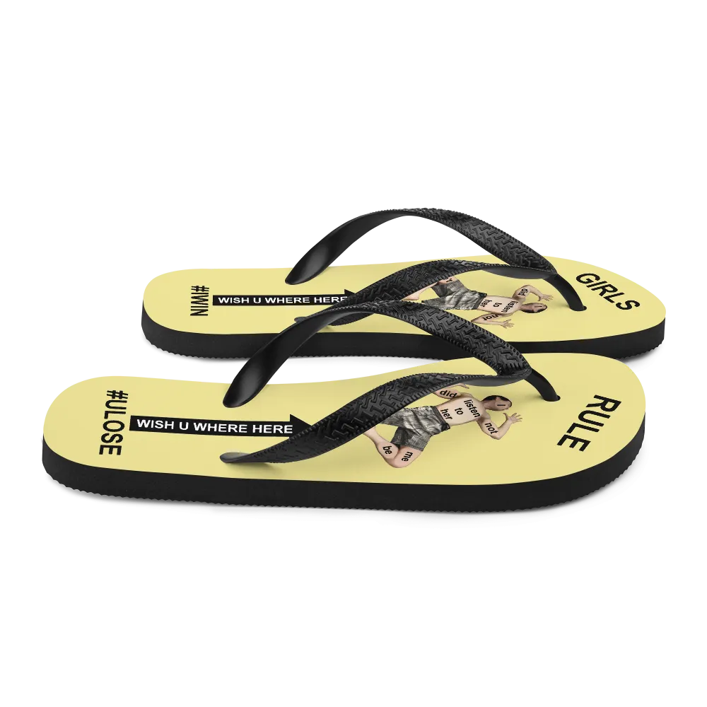 GIRLS RULE flip flops with CRUSHED TINY MAN underfoot pale yellow fabric NEW (2020-05-10)