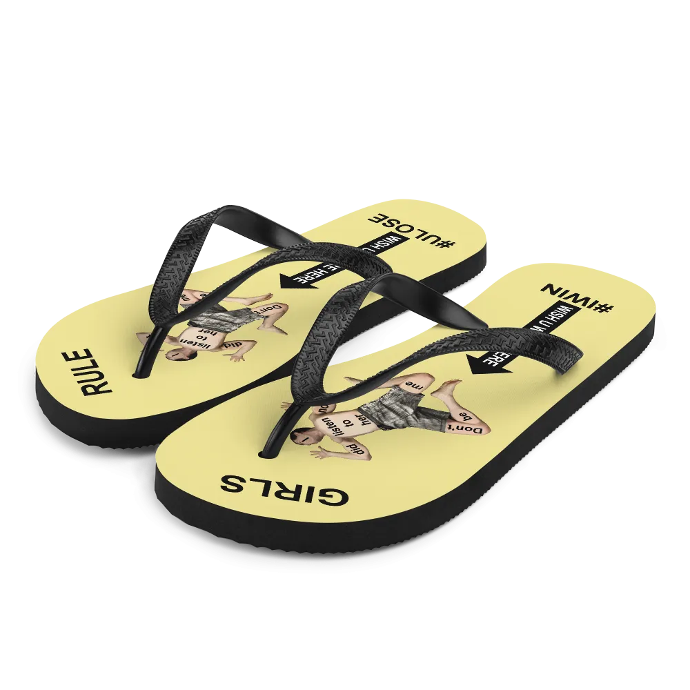 GIRLS RULE flip flops with CRUSHED TINY MAN underfoot pale yellow fabric NEW (2020-05-10)