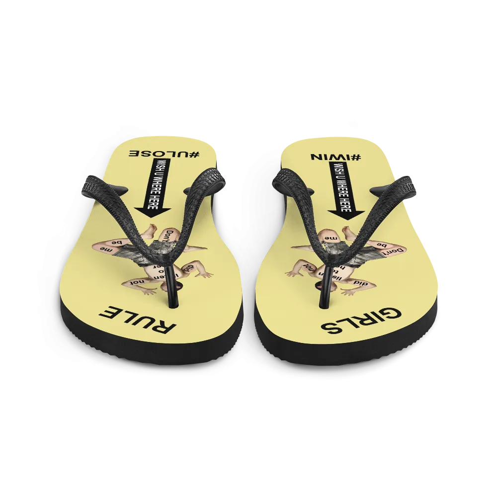 GIRLS RULE flip flops with CRUSHED TINY MAN underfoot pale yellow fabric NEW (2020-05-10)