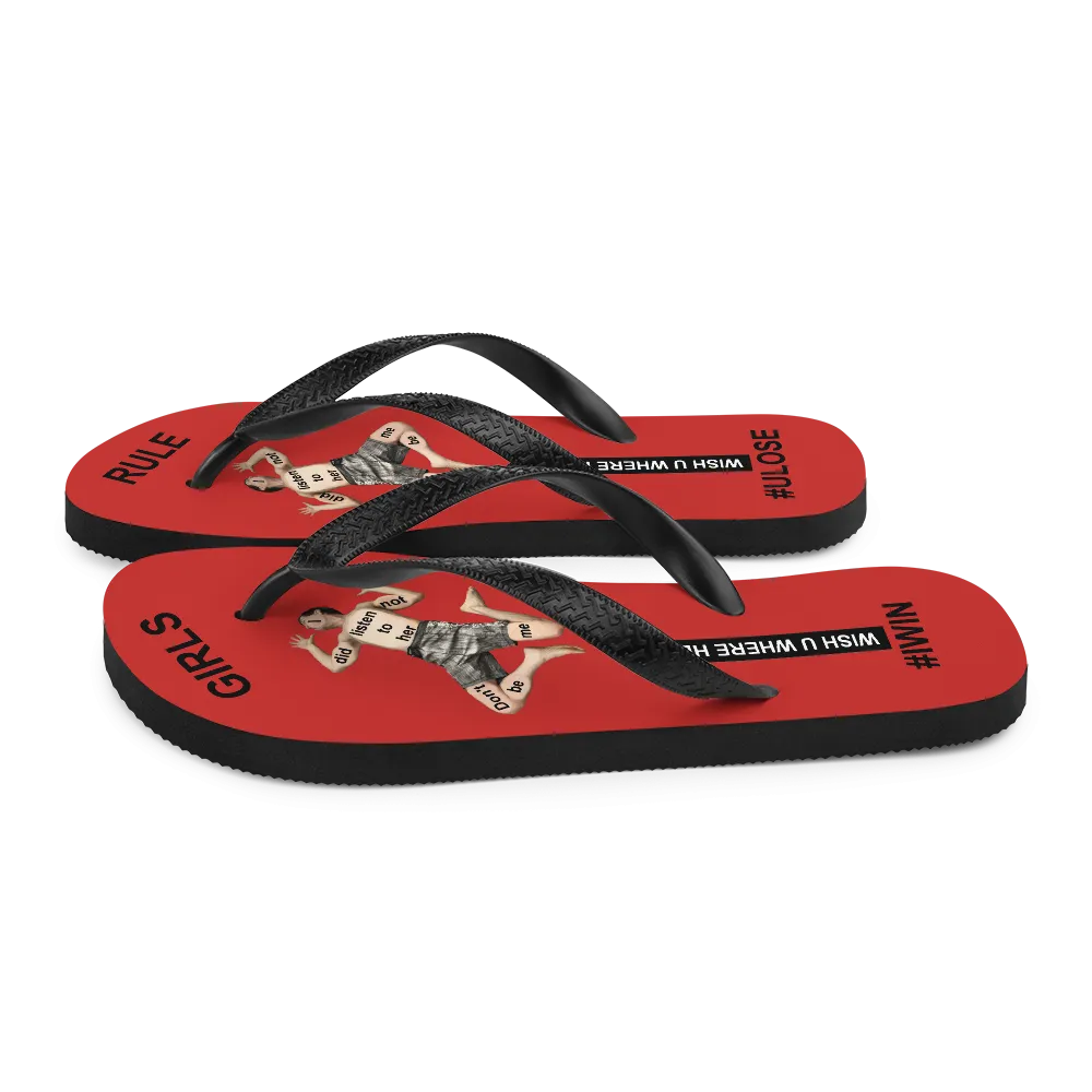 GIRLS RULE flip flops with CRUSHED TINY MAN underfoot red fabric NEW (2020-05-10)