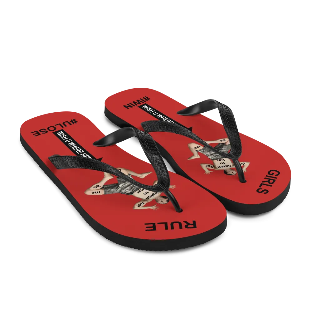 GIRLS RULE flip flops with CRUSHED TINY MAN underfoot red fabric NEW (2020-05-10)