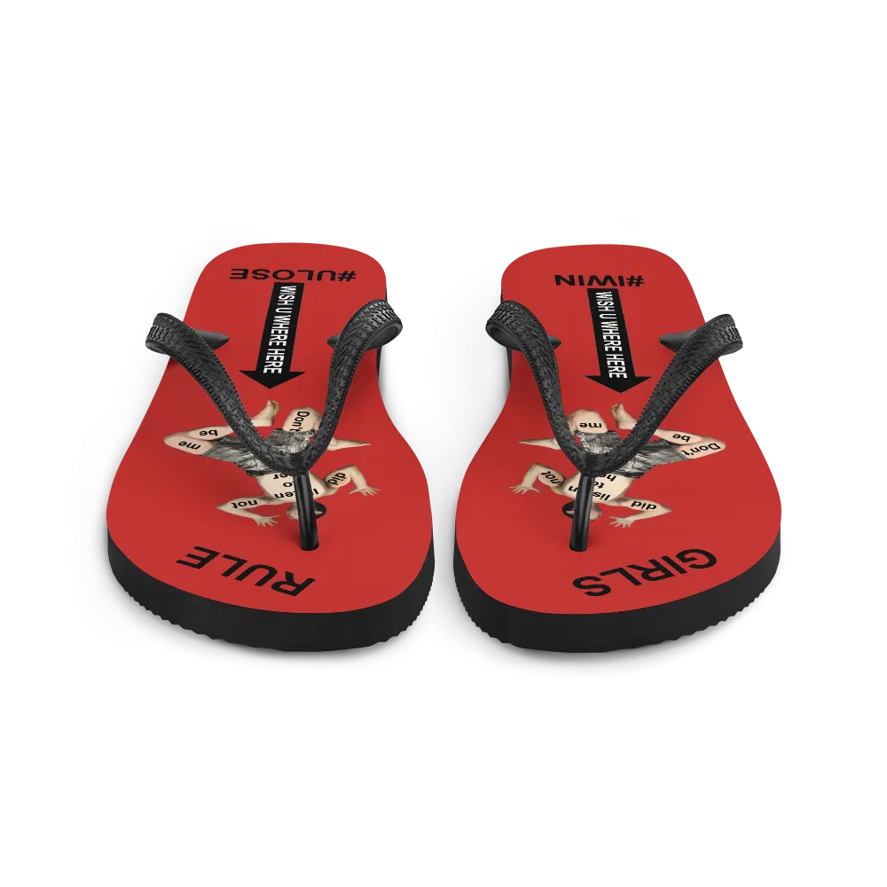 GIRLS RULE flip flops with CRUSHED TINY MAN underfoot red fabric NEW (2020-05-10)