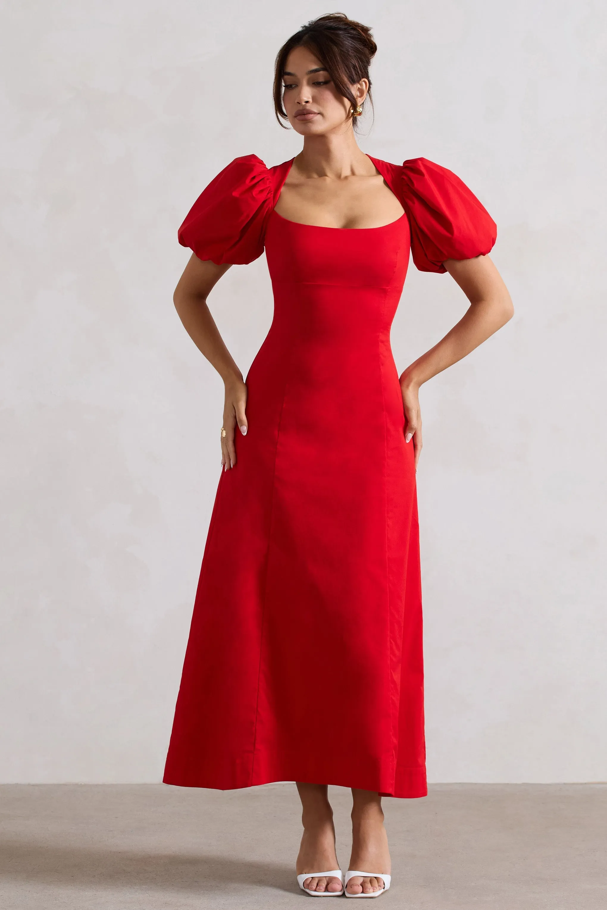 Hacienda | Robe longue rouge en popeline à manches bouffantes