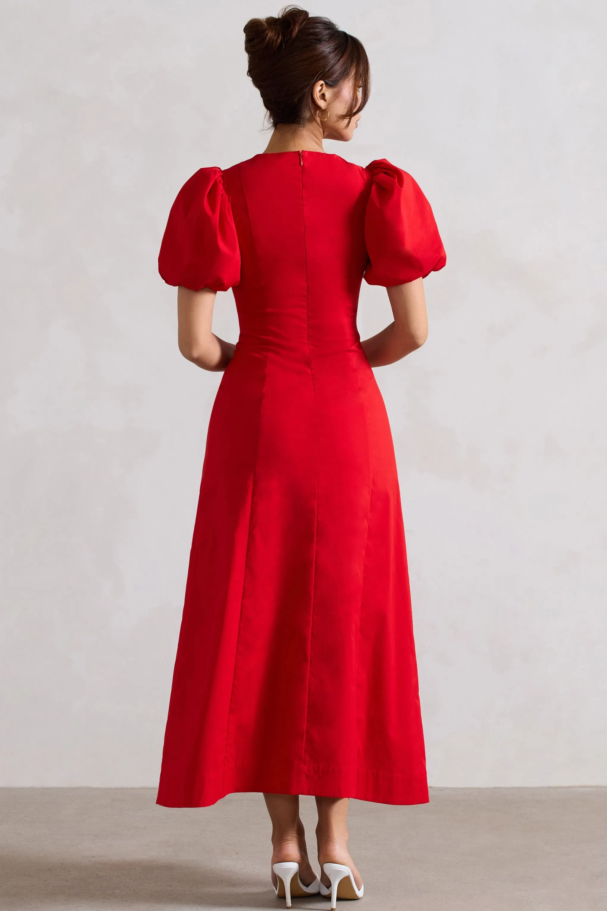 Hacienda | Robe longue rouge en popeline à manches bouffantes