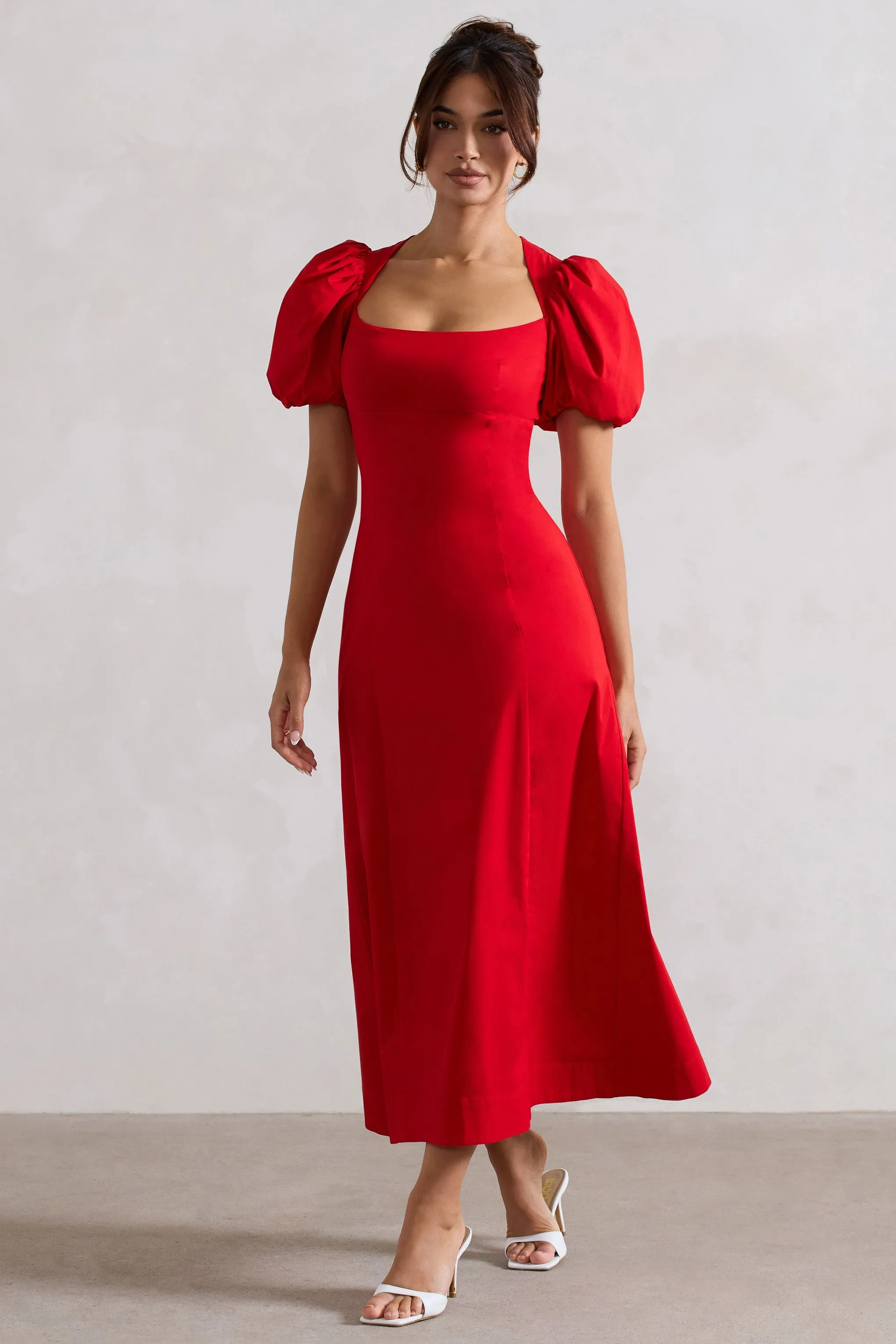 Hacienda | Robe longue rouge en popeline à manches bouffantes