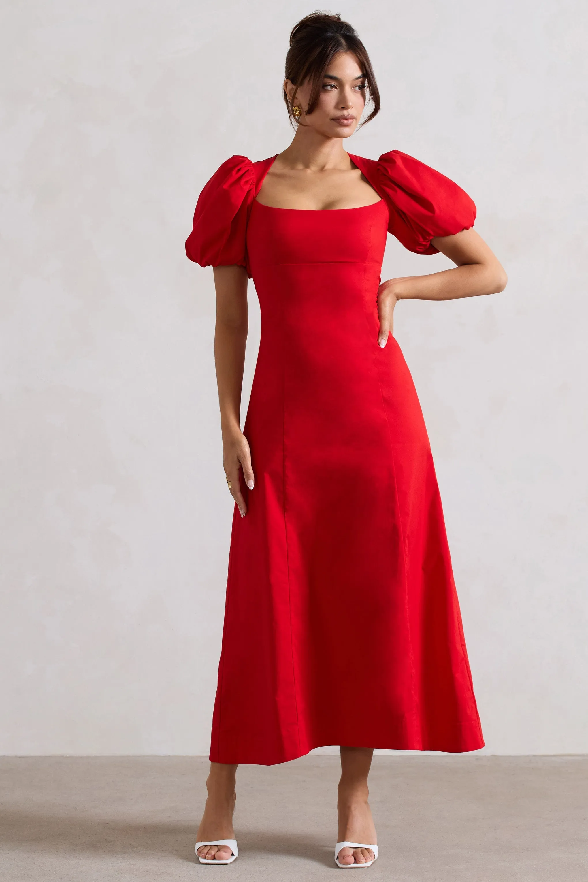 Hacienda | Robe longue rouge en popeline à manches bouffantes