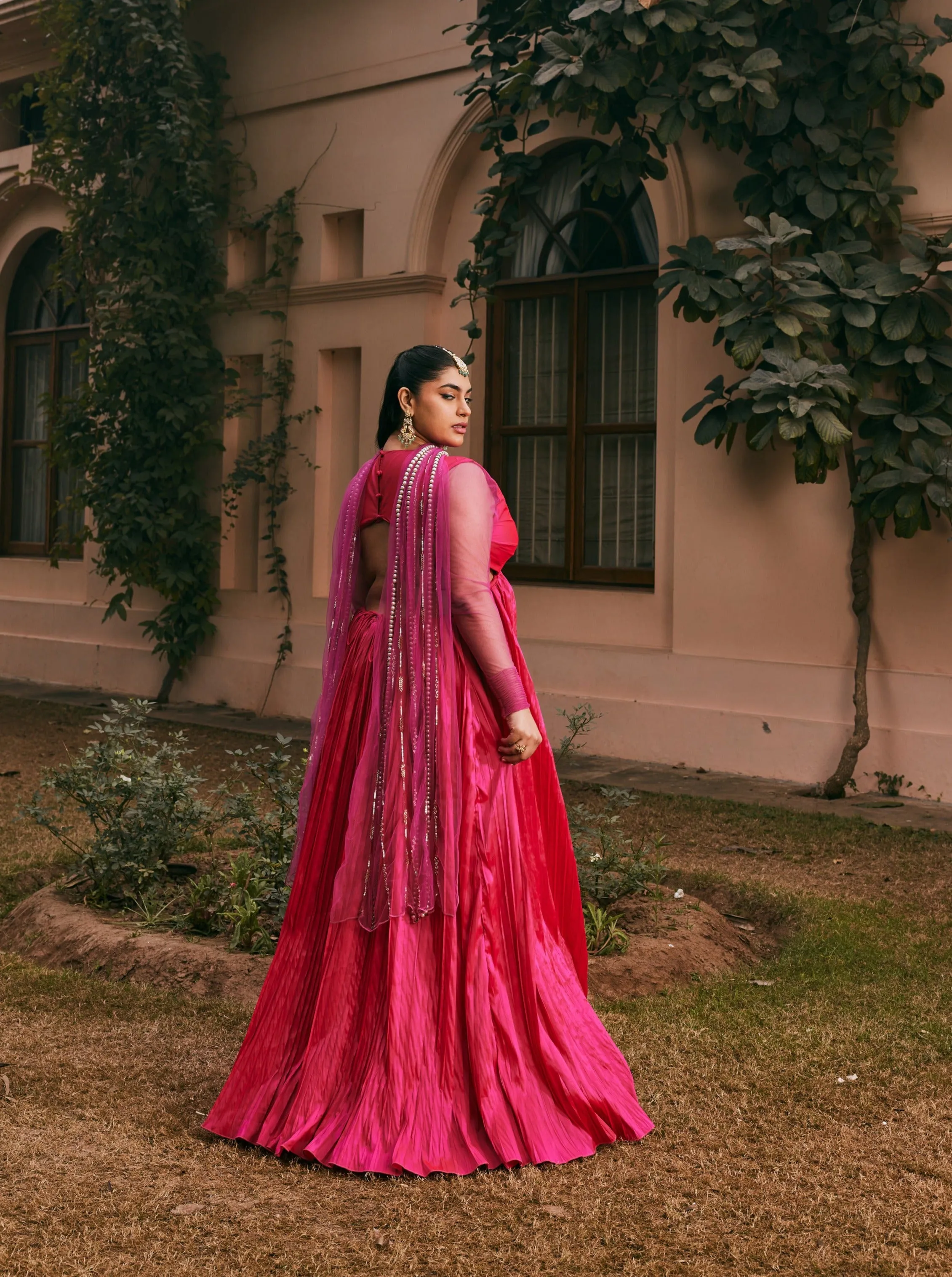 Hiba Hot Pink Silk Taffeta Anarkali with Hand-Embroidered Dupatta