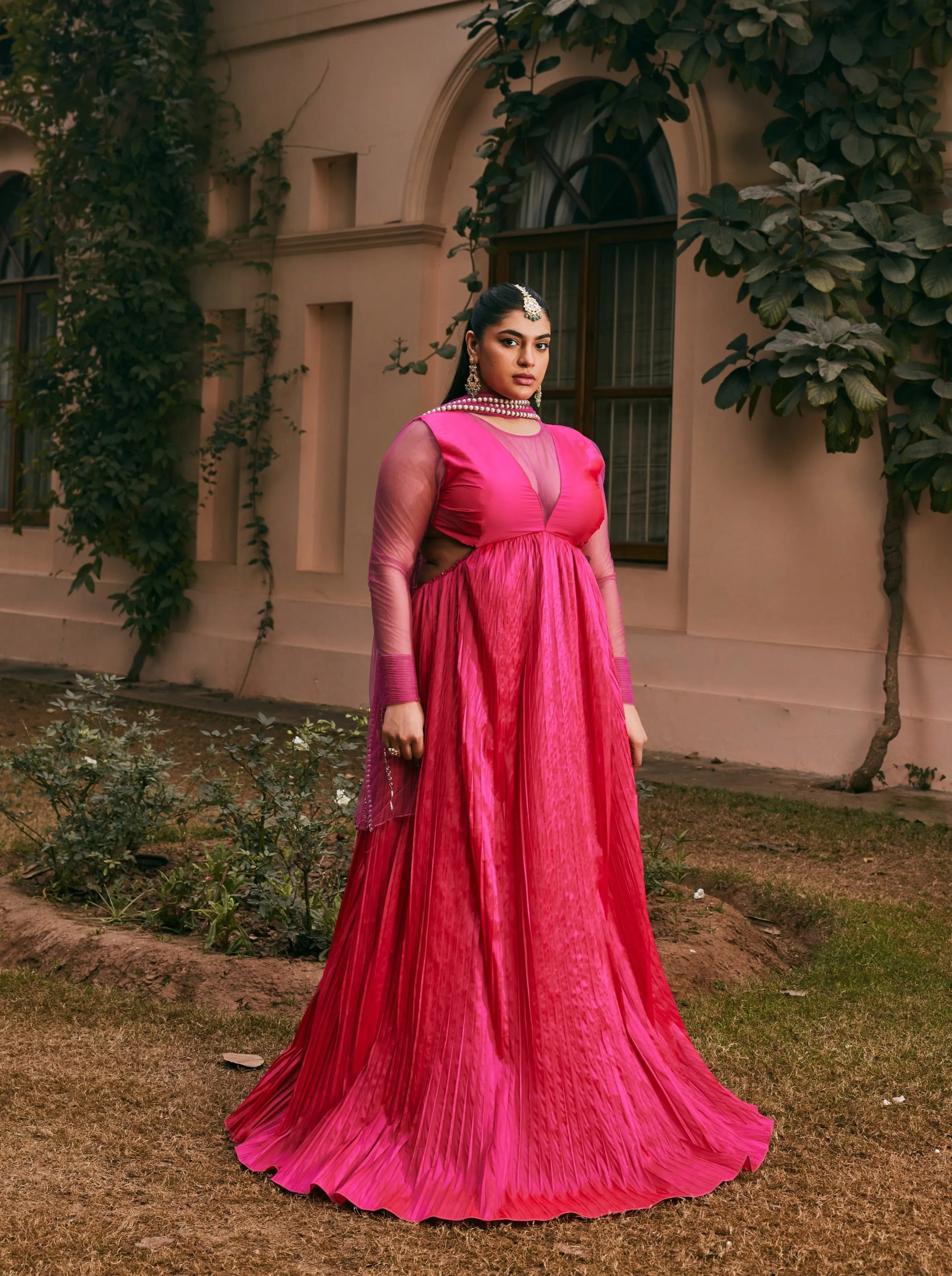 Hiba Hot Pink Silk Taffeta Anarkali with Hand-Embroidered Dupatta