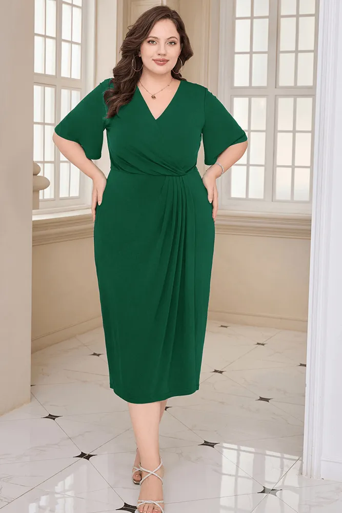 HN Wrap Casual Short Sleeve V-Neck Straight Midi Dress