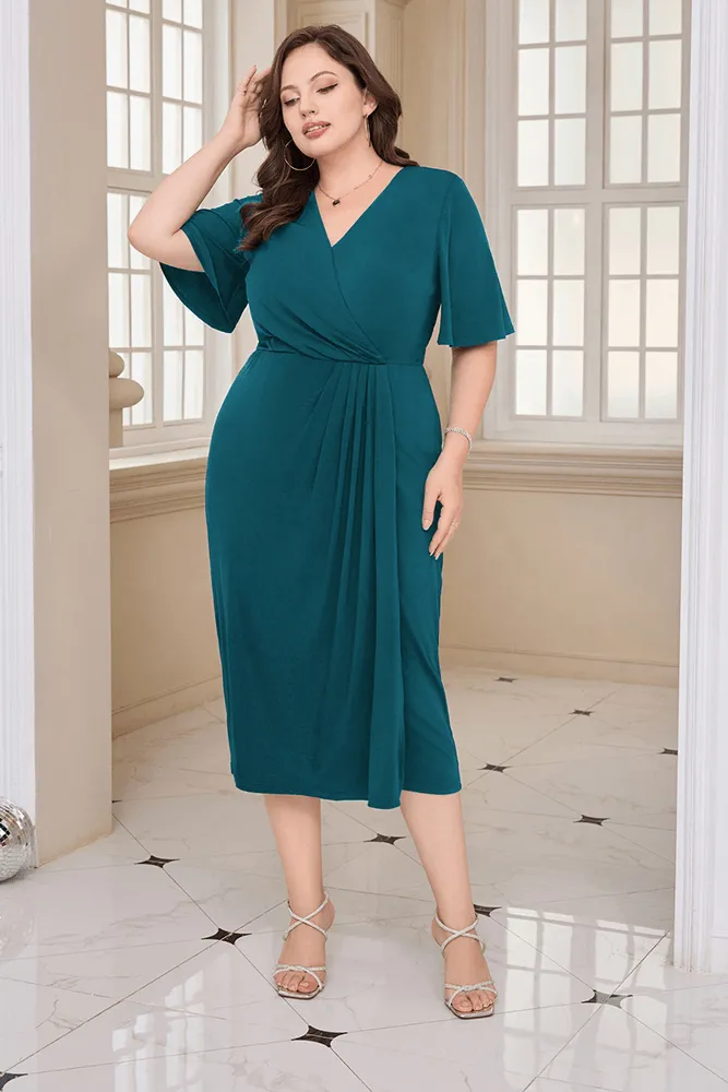 HN Wrap Casual Short Sleeve V-Neck Straight Midi Dress