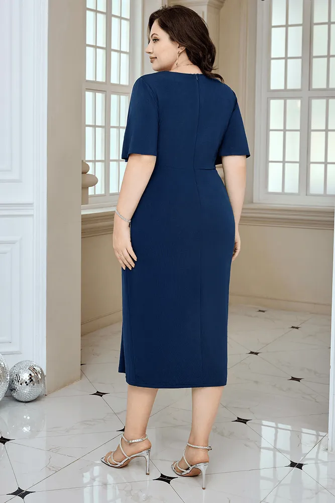 HN Wrap Casual Short Sleeve V-Neck Straight Midi Dress