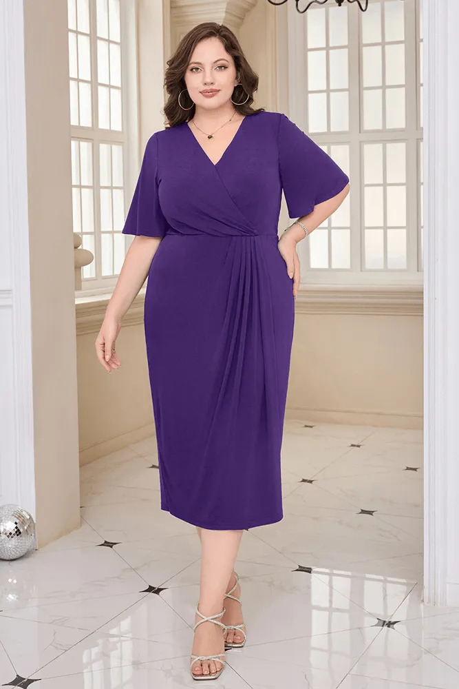 HN Wrap Casual Short Sleeve V-Neck Straight Midi Dress