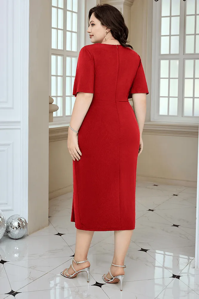 HN Wrap Casual Short Sleeve V-Neck Straight Midi Dress