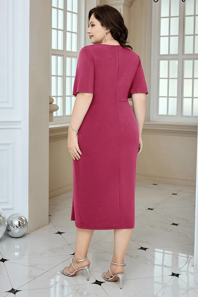 HN Wrap Casual Short Sleeve V-Neck Straight Midi Dress