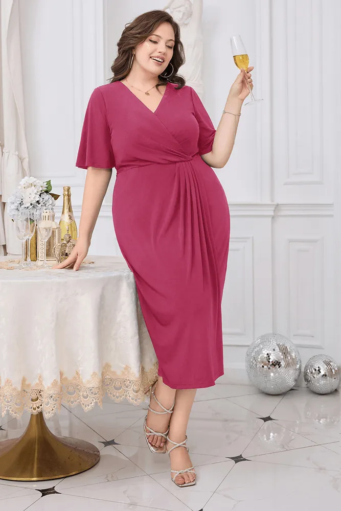 HN Wrap Casual Short Sleeve V-Neck Straight Midi Dress