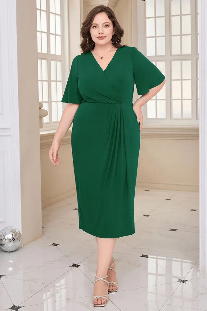 HN Wrap Casual Short Sleeve V-Neck Straight Midi Dress