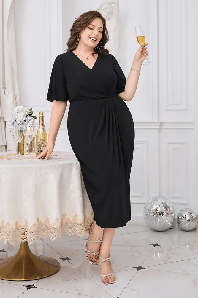 HN Wrap Casual Short Sleeve V-Neck Straight Midi Dress