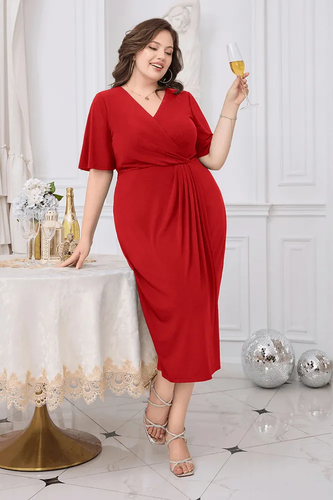 HN Wrap Casual Short Sleeve V-Neck Straight Midi Dress