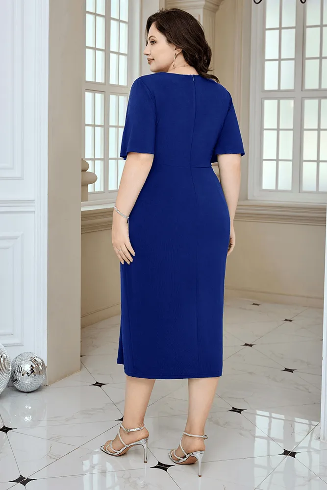 HN Wrap Casual Short Sleeve V-Neck Straight Midi Dress