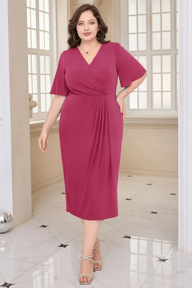 HN Wrap Casual Short Sleeve V-Neck Straight Midi Dress