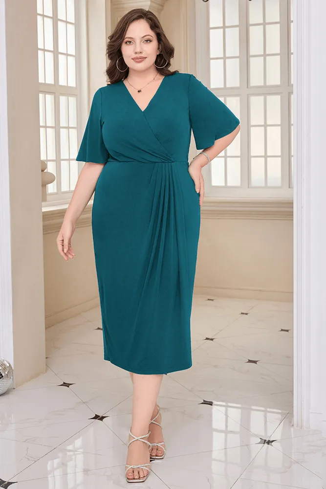 HN Wrap Casual Short Sleeve V-Neck Straight Midi Dress