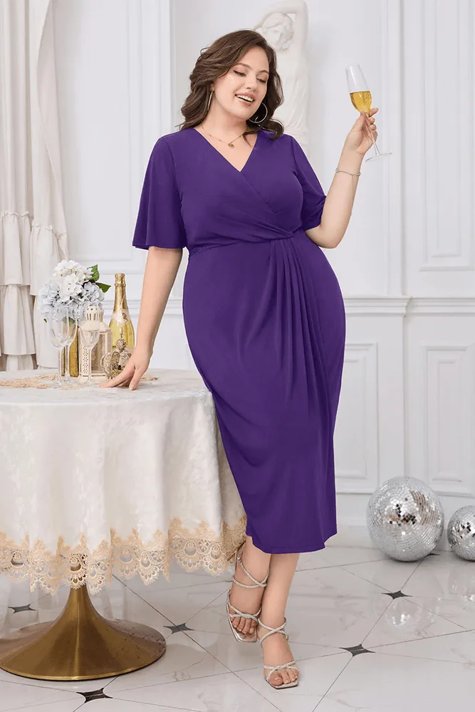 HN Wrap Casual Short Sleeve V-Neck Straight Midi Dress