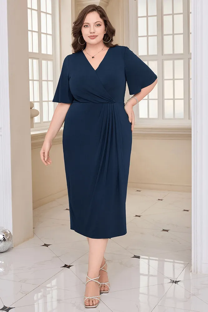 HN Wrap Casual Short Sleeve V-Neck Straight Midi Dress