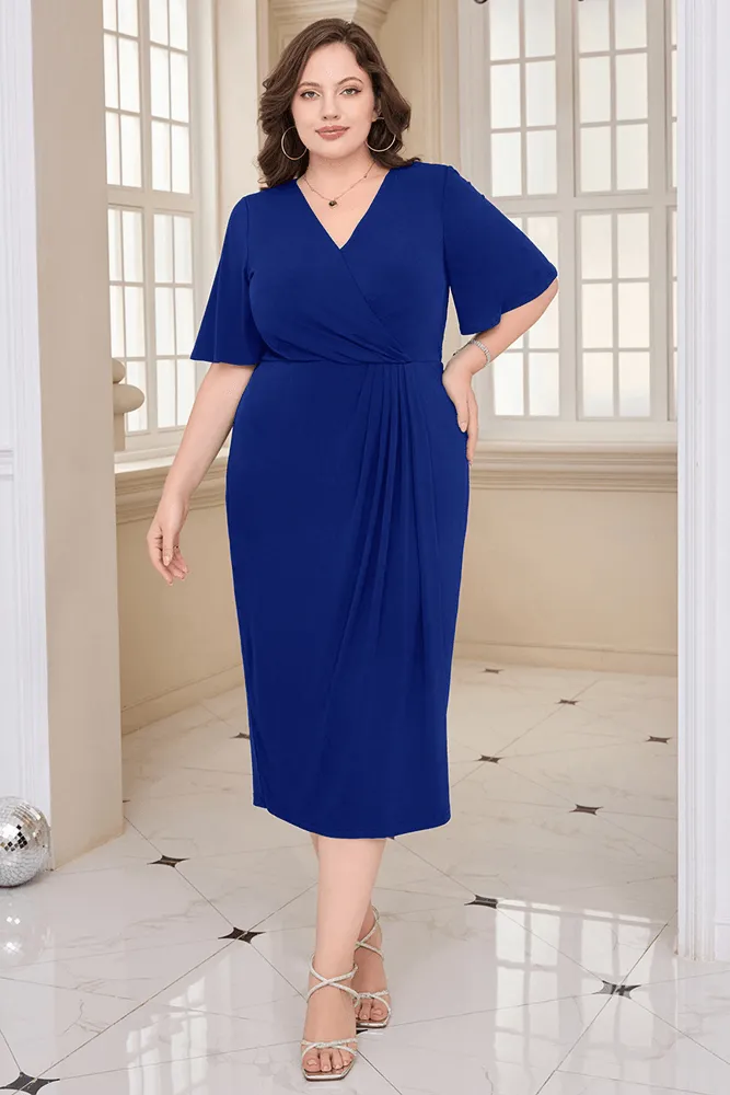 HN Wrap Casual Short Sleeve V-Neck Straight Midi Dress