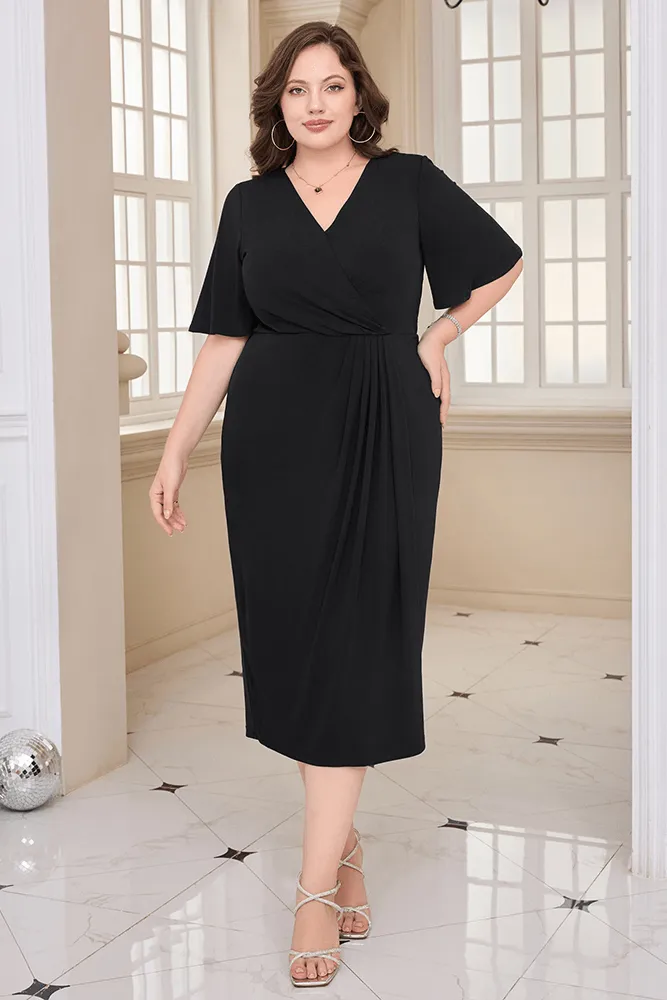 HN Wrap Casual Short Sleeve V-Neck Straight Midi Dress