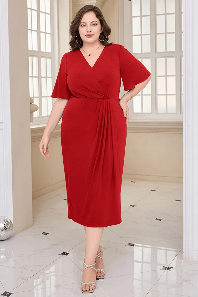 HN Wrap Casual Short Sleeve V-Neck Straight Midi Dress