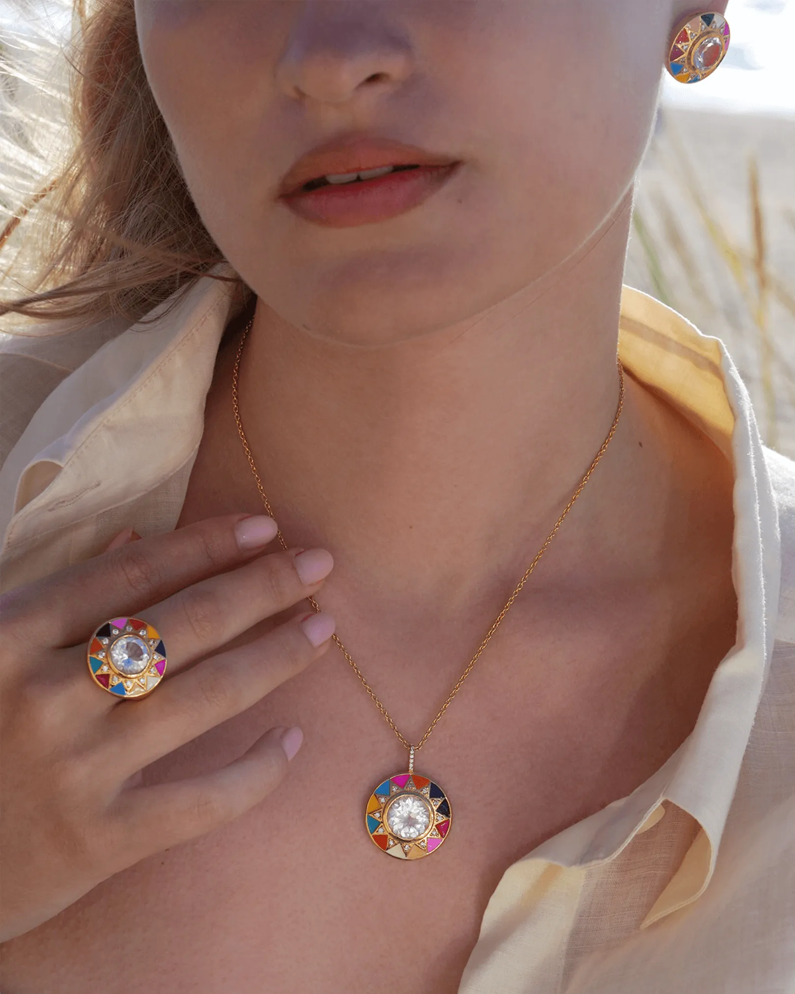 Holi Enamel Sun Pendant Necklace