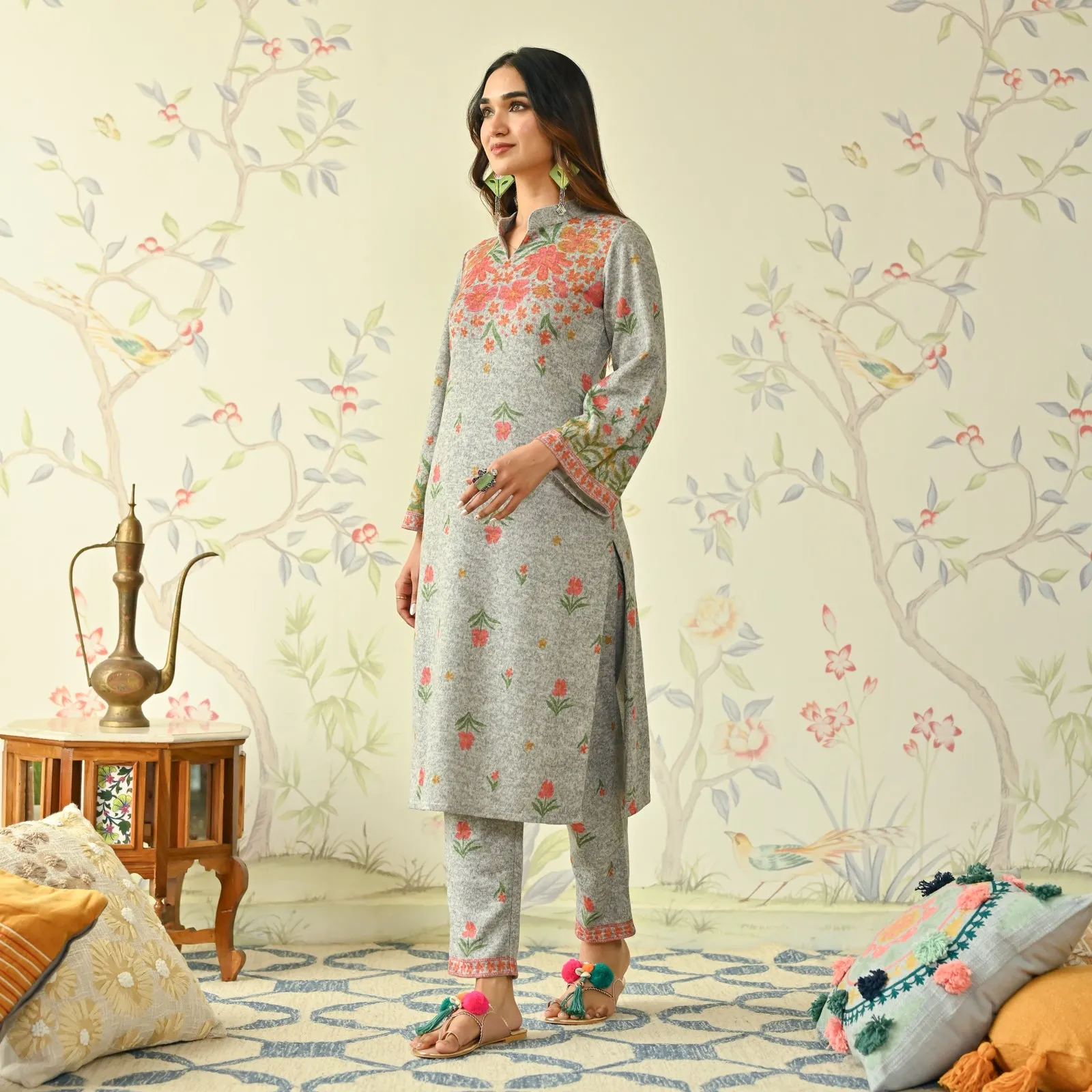 Ivory Floral Woollen Kurta Set with Bell Sleeves