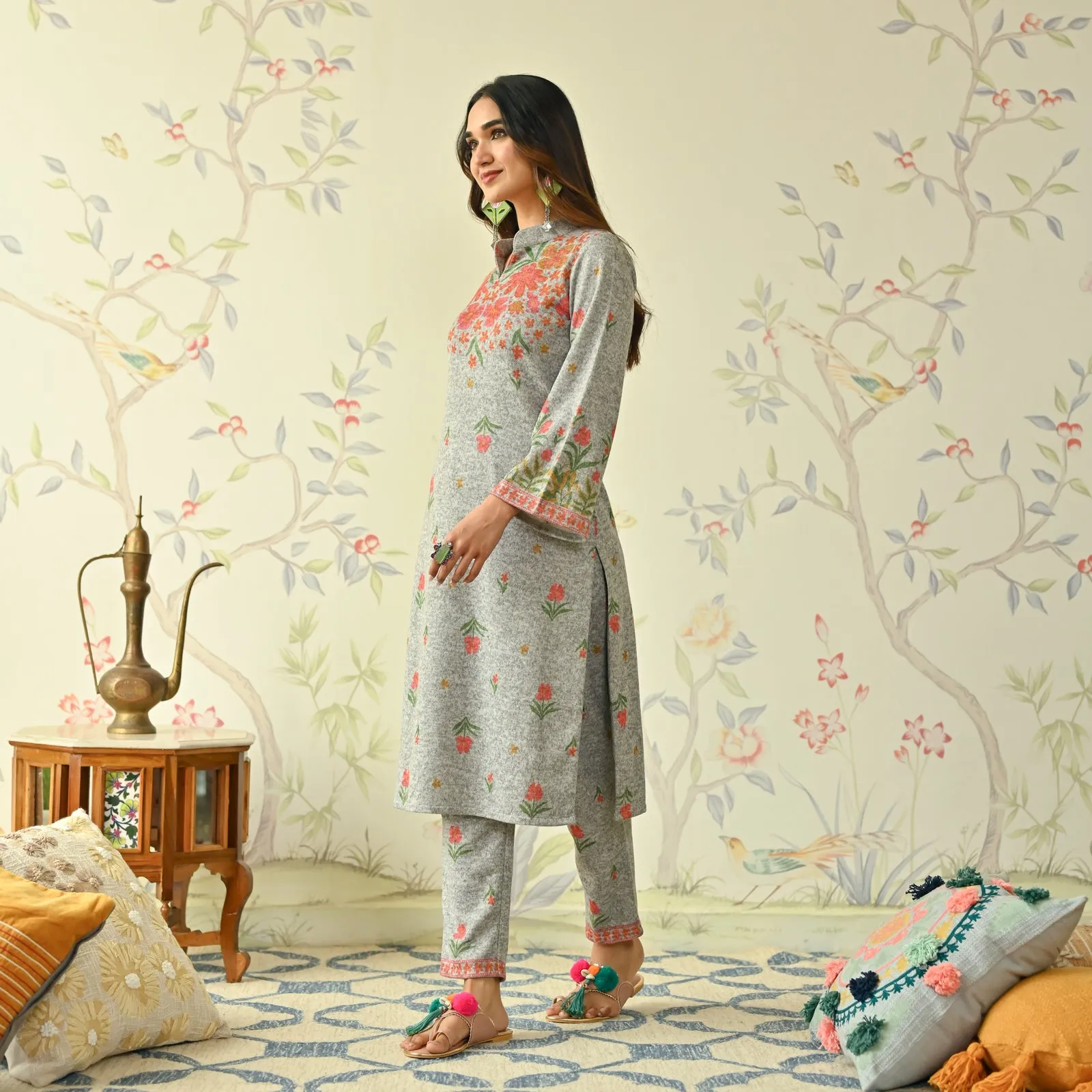 Ivory Floral Woollen Kurta Set with Bell Sleeves