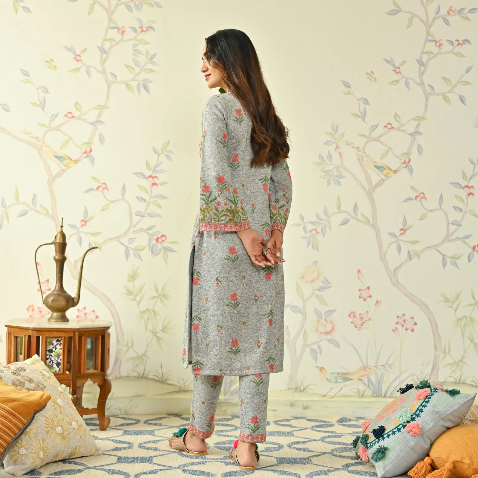 Ivory Floral Woollen Kurta Set with Bell Sleeves