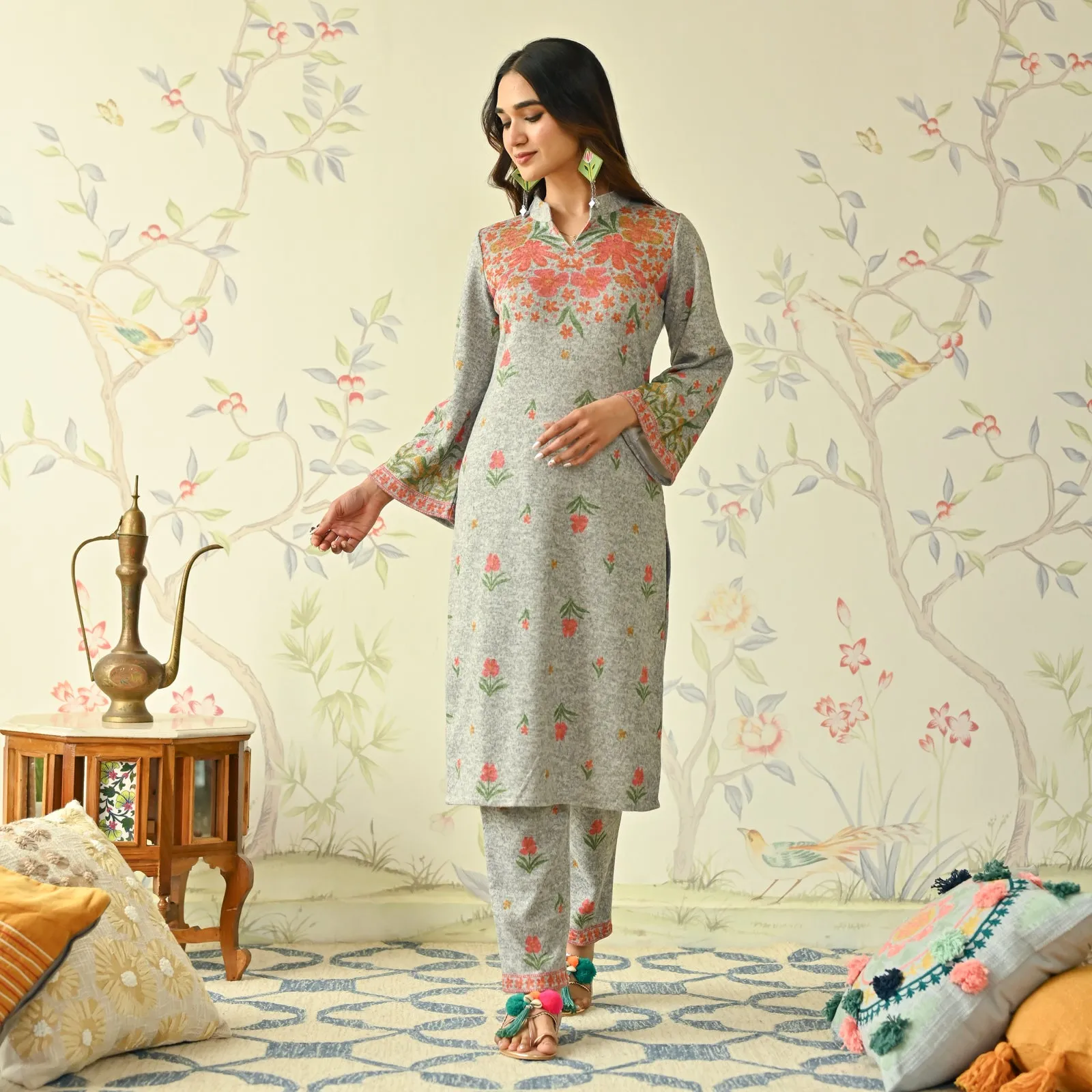 Ivory Floral Woollen Kurta Set with Bell Sleeves