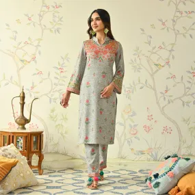 Ivory Floral Woollen Kurta Set with Bell Sleeves