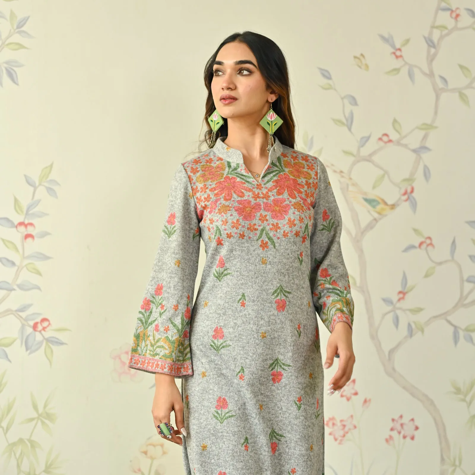 Ivory Floral Woollen Kurta Set with Bell Sleeves