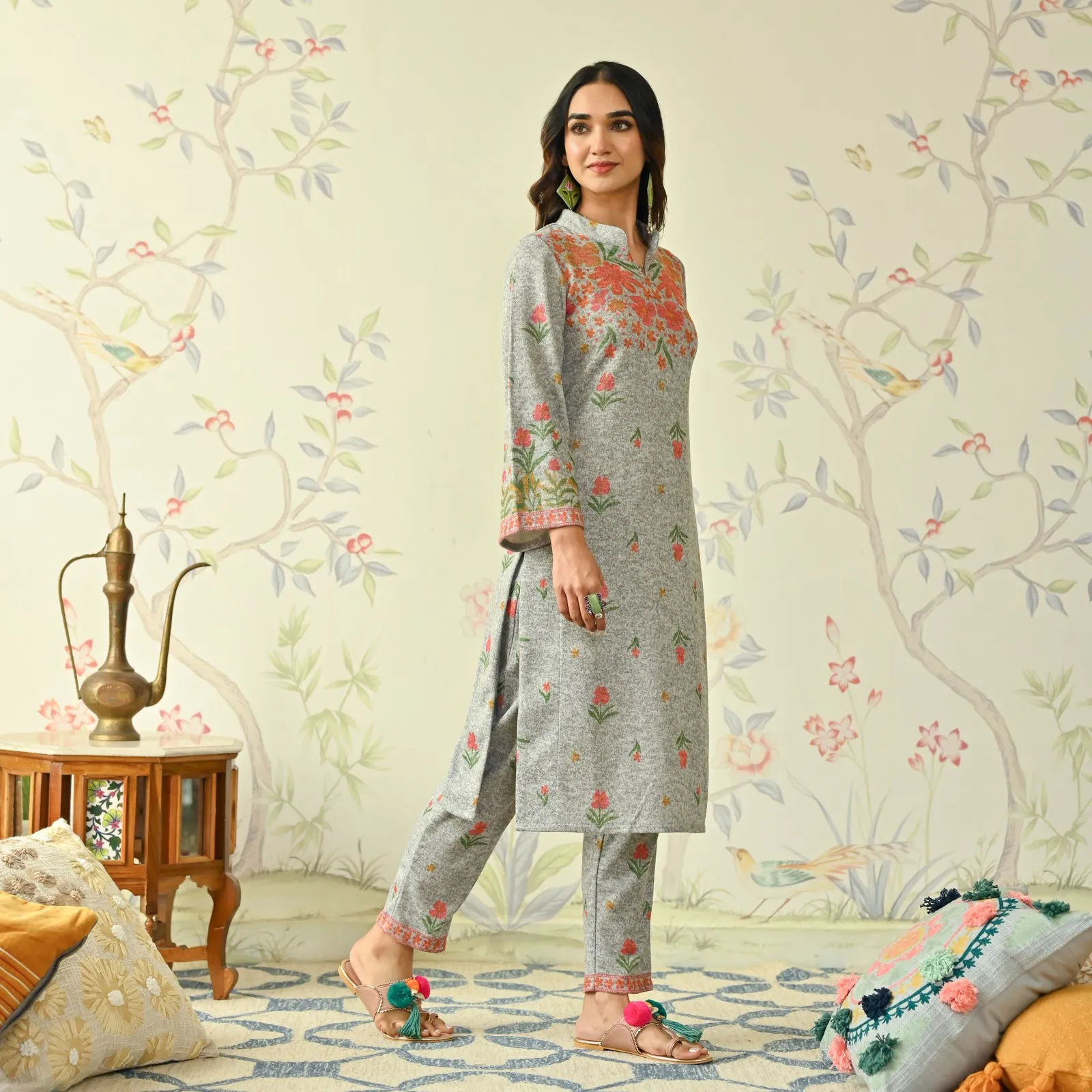 Ivory Floral Woollen Kurta Set with Bell Sleeves