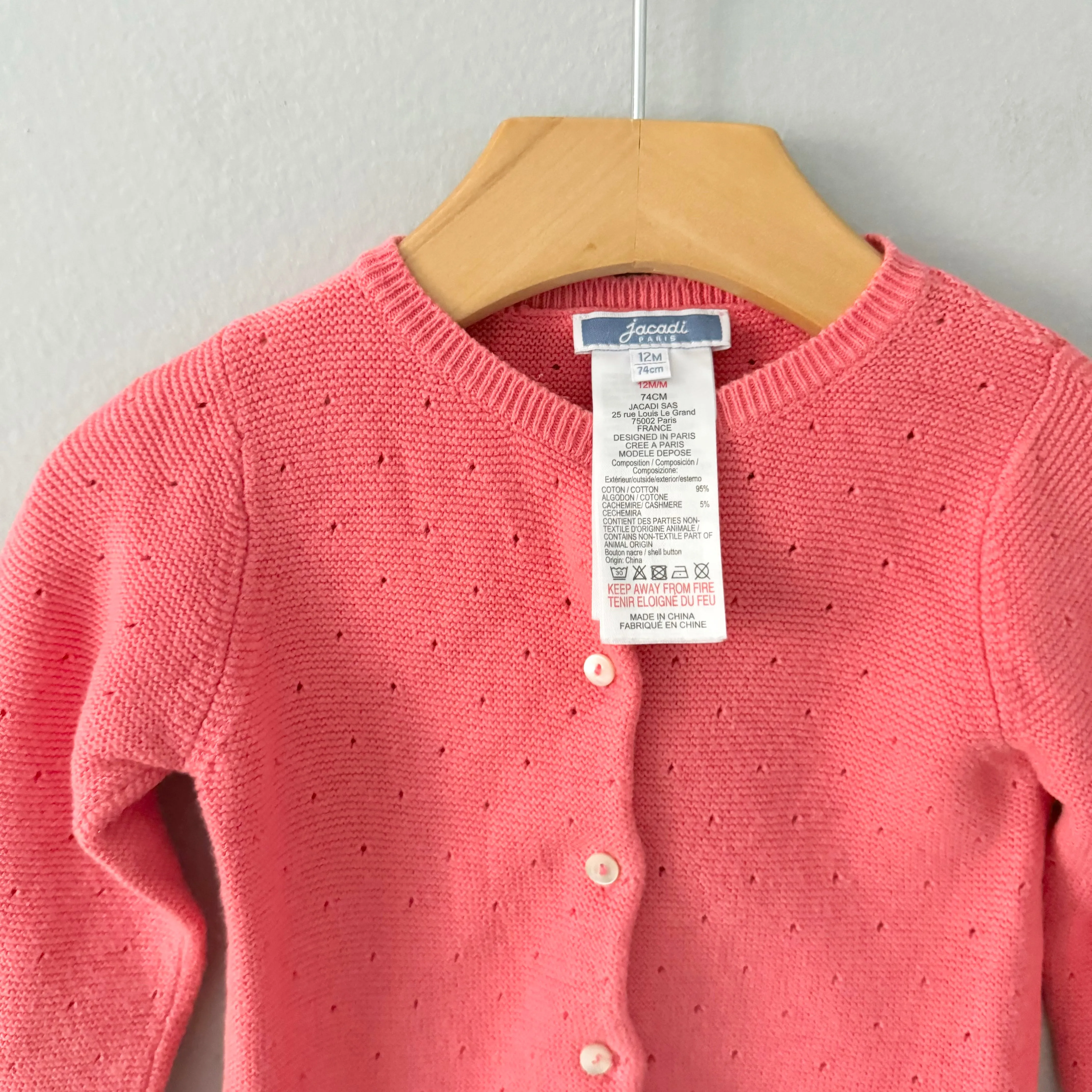 Jacadi / Salmon pink cotton cardigan / 12M