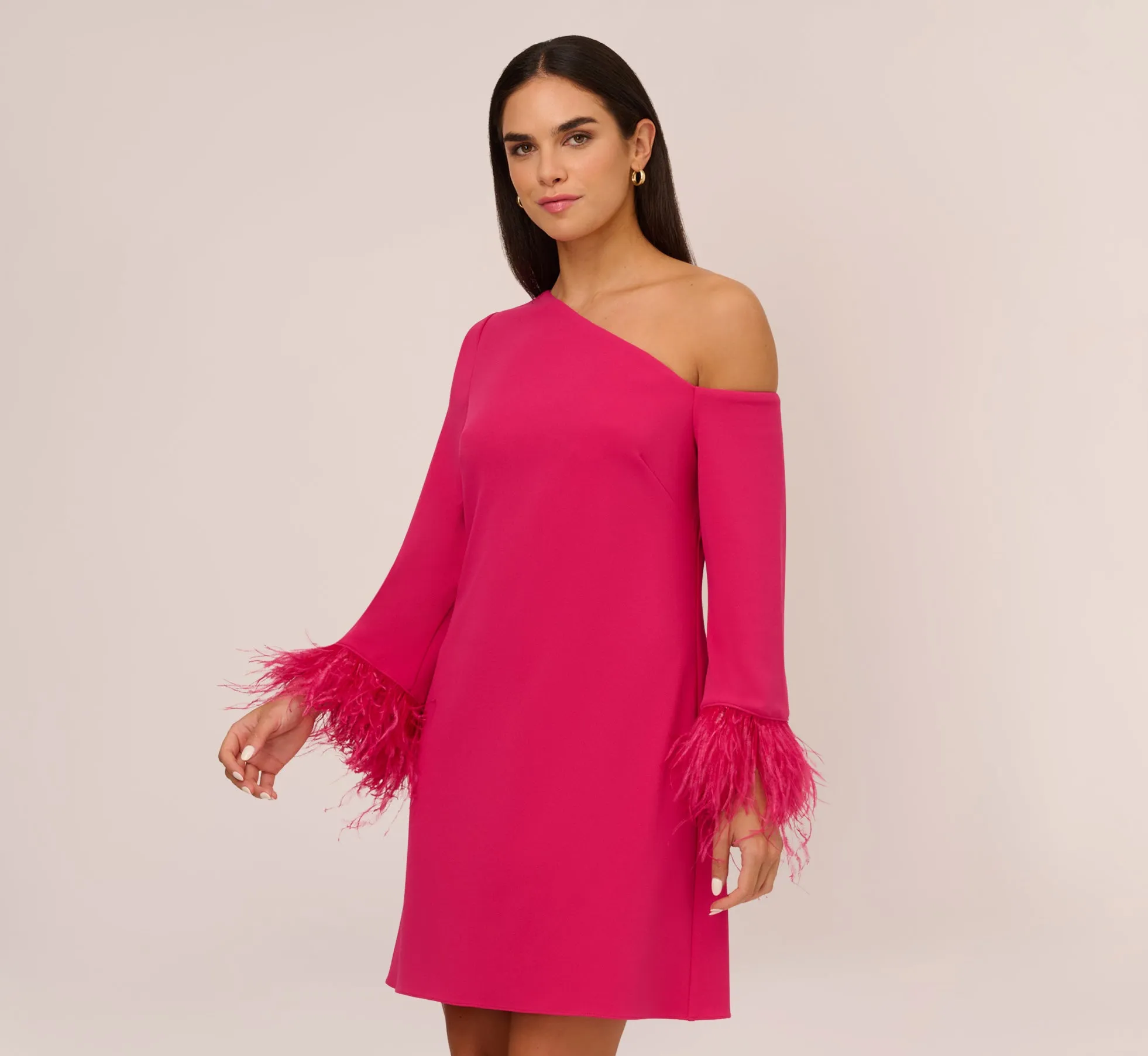 Knit Crepe One Shoulder Long Sleeve Dress With Feather Accents In Bright Rose