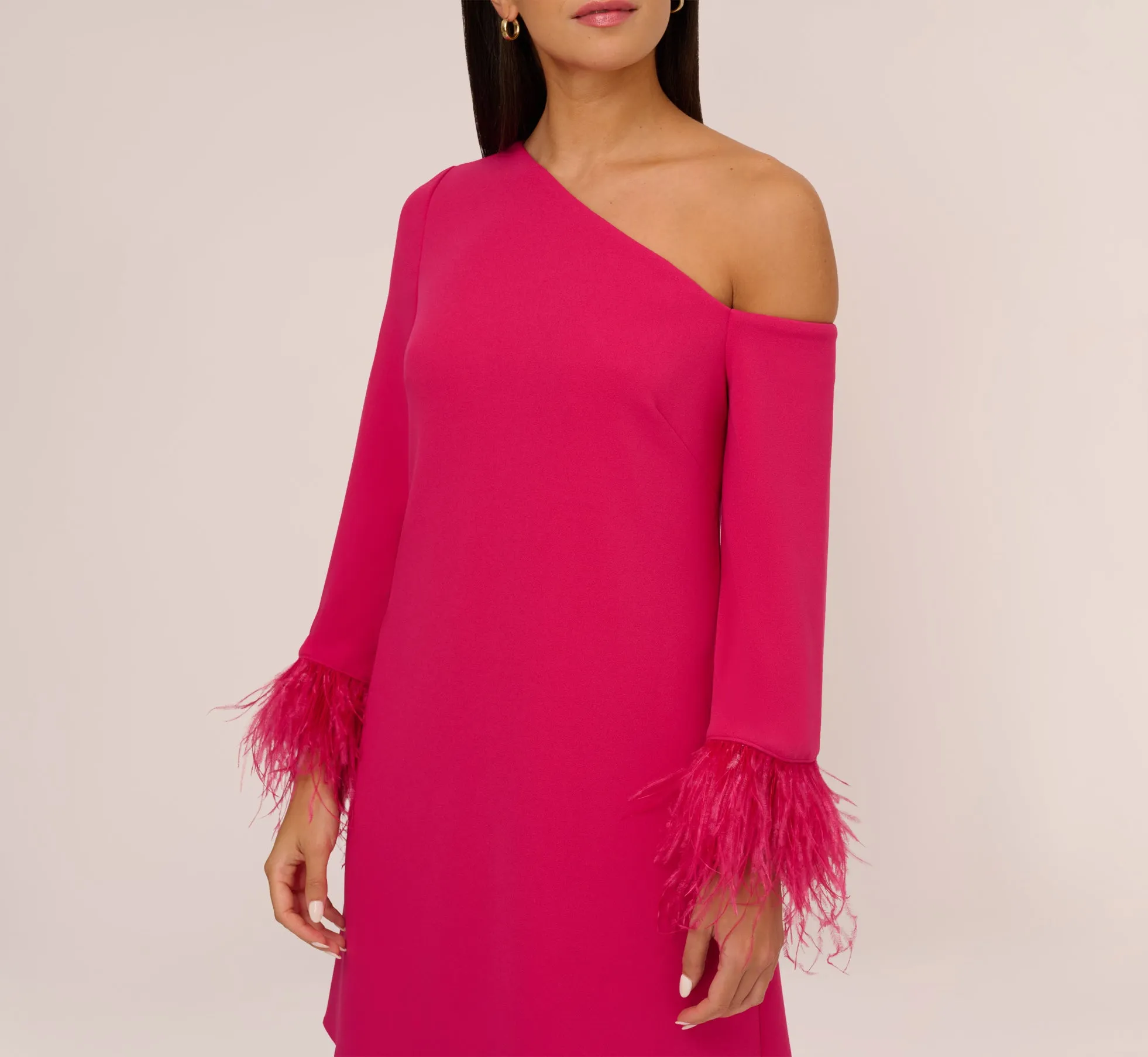 Knit Crepe One Shoulder Long Sleeve Dress With Feather Accents In Bright Rose