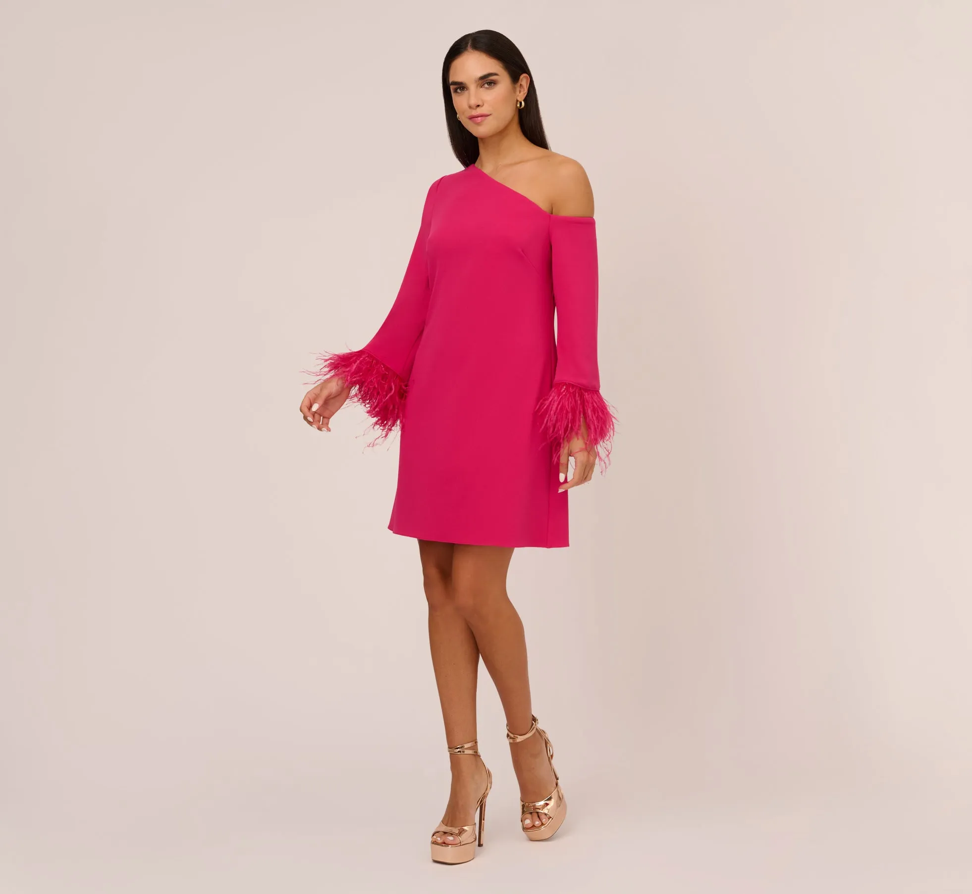 Knit Crepe One Shoulder Long Sleeve Dress With Feather Accents In Bright Rose