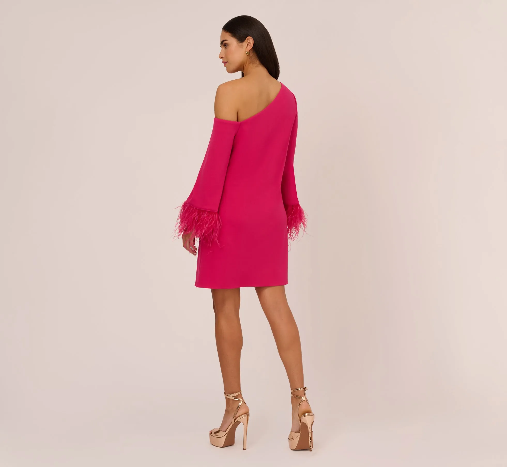 Knit Crepe One Shoulder Long Sleeve Dress With Feather Accents In Bright Rose