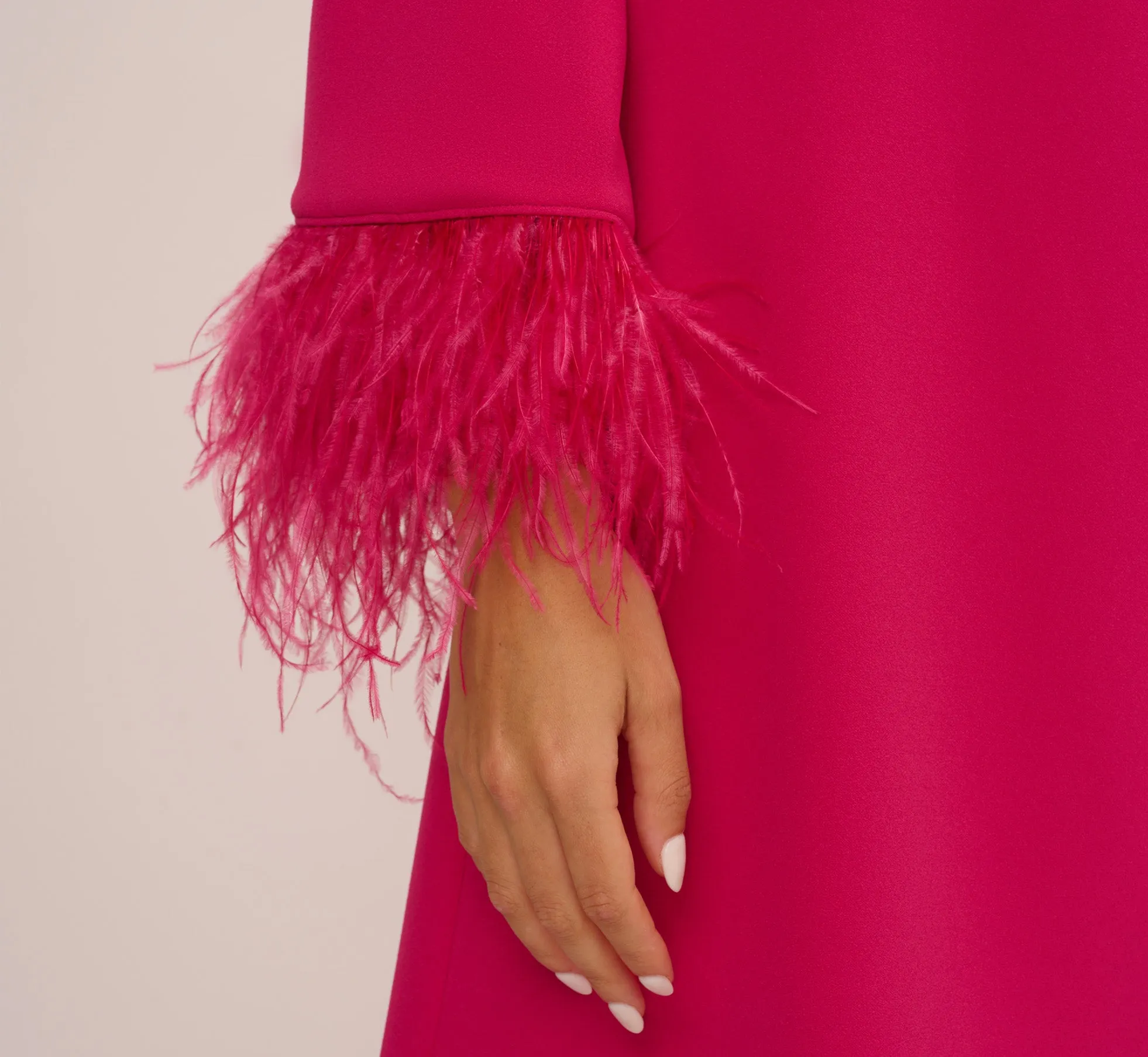 Knit Crepe One Shoulder Long Sleeve Dress With Feather Accents In Bright Rose