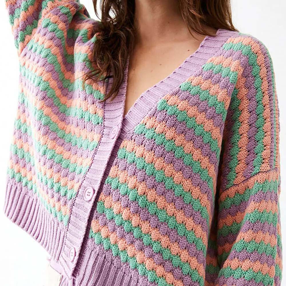 Leisure Multicolored Striped Jacquard Knit V Neck Drop Shoulder Button Up Cardigan