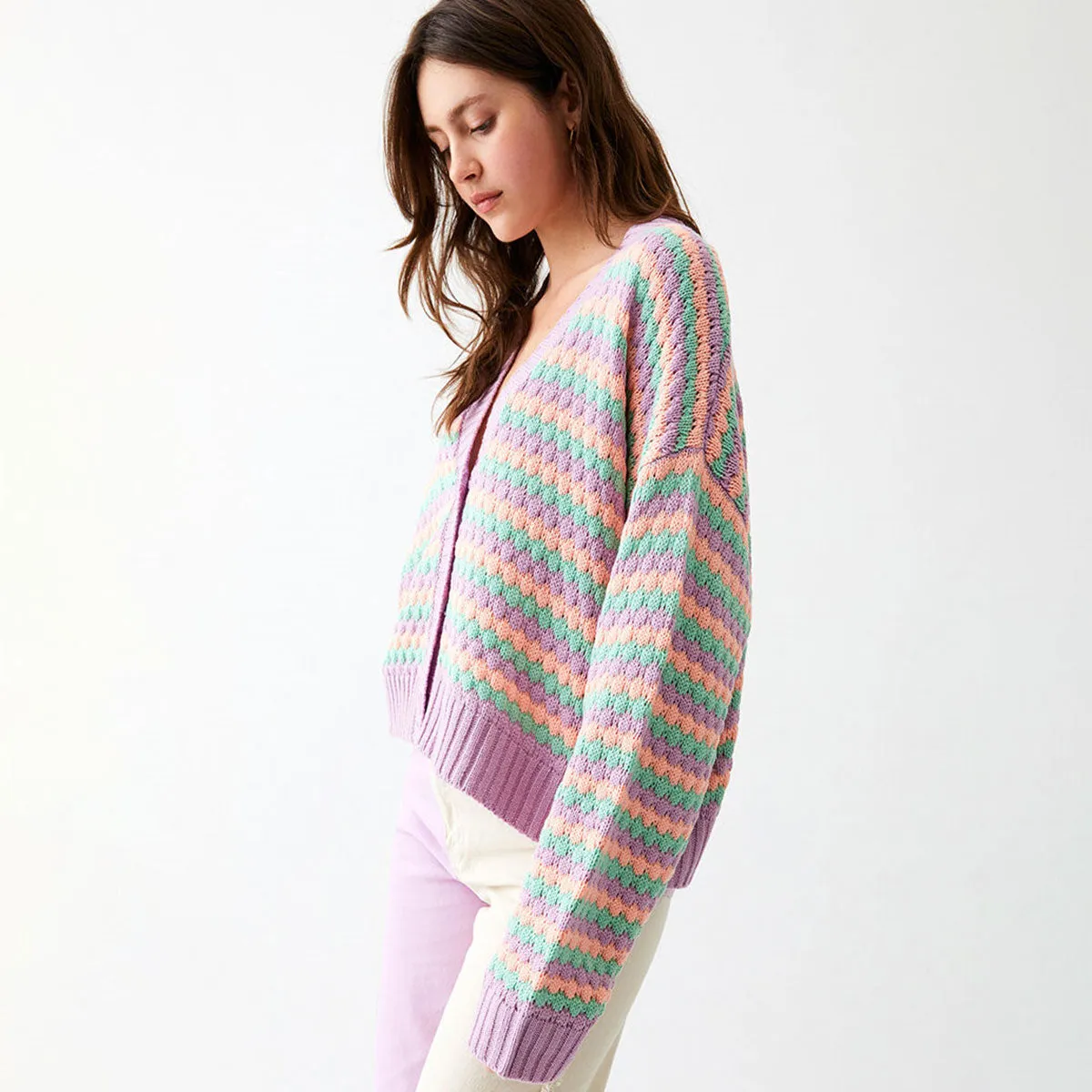 Leisure Multicolored Striped Jacquard Knit V Neck Drop Shoulder Button Up Cardigan